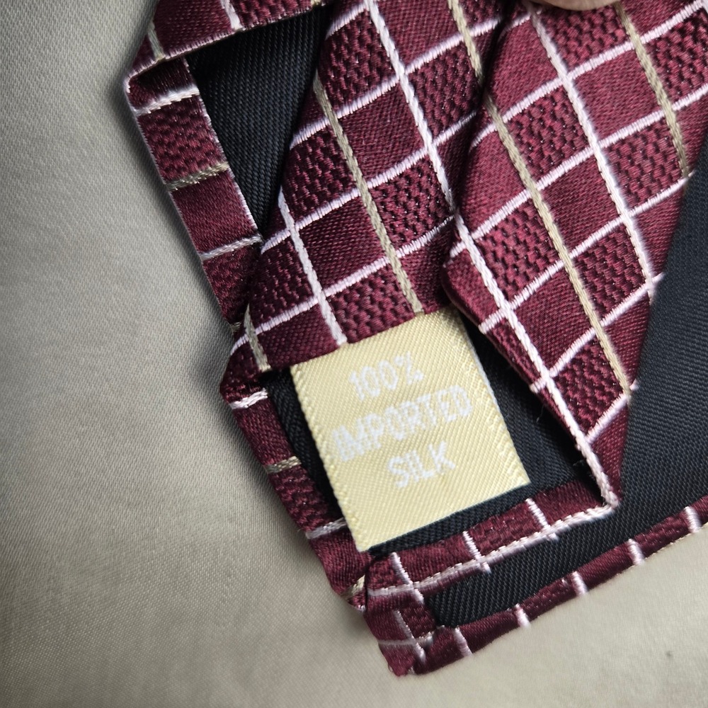 Michael Michael Kors Mens Silk Necktie Burgundy White Gold Grid Pattern 57x3.25 - Picture 5 of 9